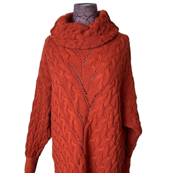 Free People Sz S Cable Knit Orange Turtleneck Sweater Dress - Picture 2 of 6